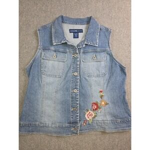 Avenue Jeans Denim Vest Womens Size 14/16 Floral Embroidery Flap Button Pockets